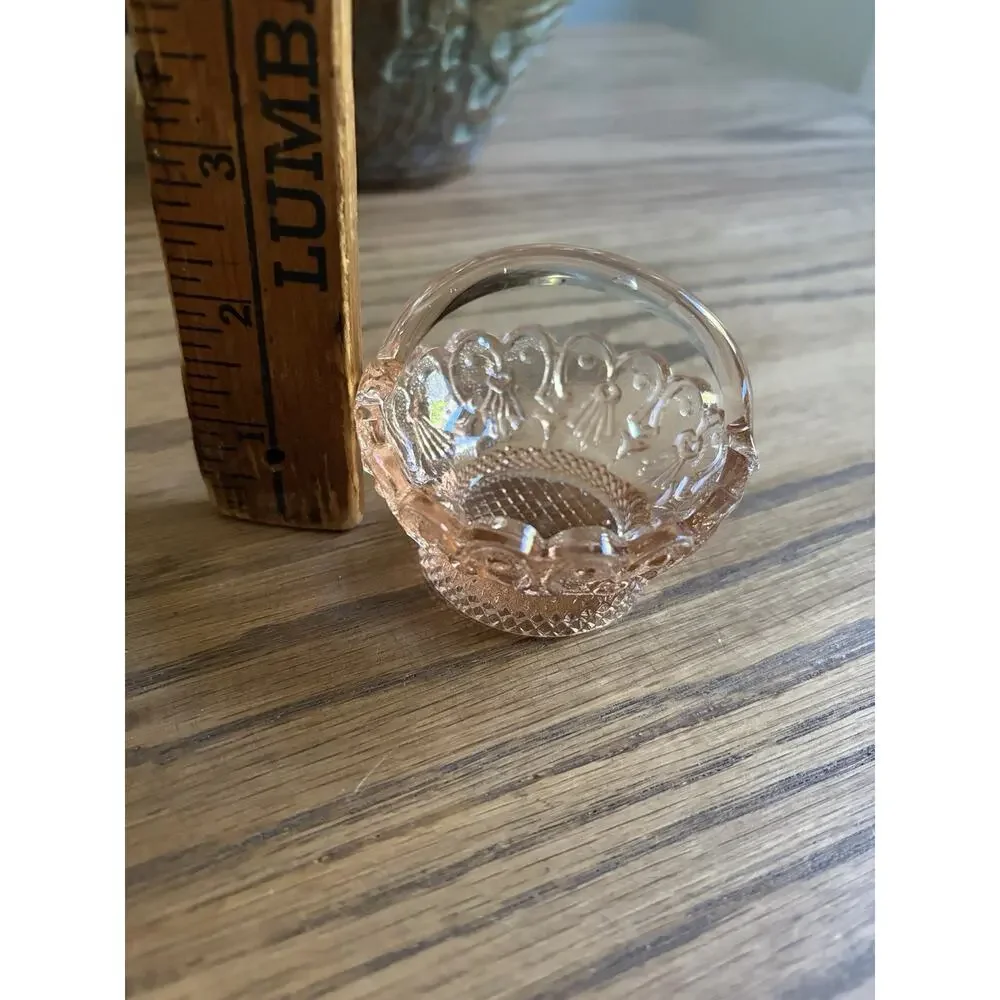 Vintage Pink Depression Glass Basket Small 3” Diameter Floral Glass Mini Basket